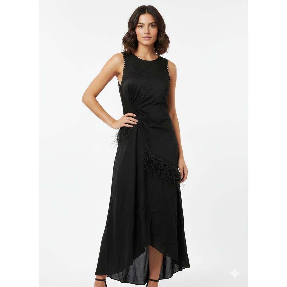 3.1 Phillip Lim Black Maxi Dress Ostrich Feather Trim Sz 2 Silk Luxury Cocktail